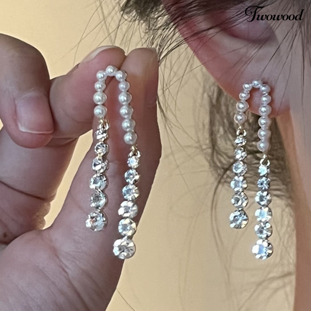 1 Pasang Anting Juntai Panjang Aksen Mutiara Tiruan Bahan Cubic Zirconia Gaya Perancis Untuk Wanita