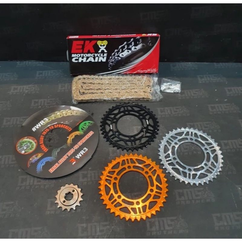 Ger Set Komplit WR3Gear Belakang 415-39/40
Gear Depan 415-14/15
Rantai EK Chain 415-150 RRX Gold
Unt