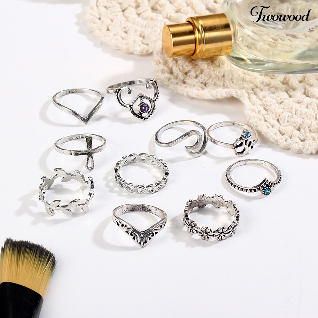 10 Pcs Cincin Knuckle Bentuk V Motif Bunga Gaya Vintage Untuk Wanita