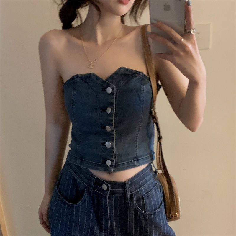 Vintage Spice Girl Denim Sheath Camisole Tank Top Wanita Musim Panas Kecil Pinggang Tinggi Lurus Ber