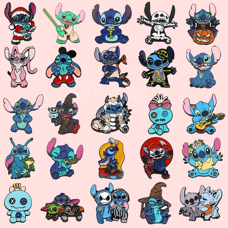 Kartun Stitch Logam Enamel Pin Anime Stitch Bros Lencana Lucu Badge Pakaian Lapel Pin Perhiasan Aksesoris