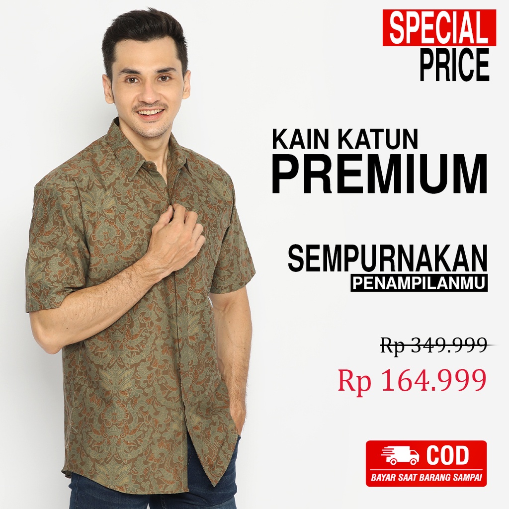 KEMEJA BATIK PRIA Lengan Pendek Premium Hijau Kraton Lawasan Jogja Solo Soga 725329 Cap 72 - Baju Kemeja Atasan Pakaian Setelan Batik Pria Cowok Laki Laki Remaja Keluarga Kantor Lengan Pendek Modern Slimfit Slim Fit Premium Kekinian