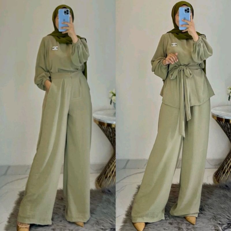 [Bisa COD] One Set Setelan Wanita Crinkle Airflow Premium Ld 120cm Panjang 68cm Set Celana Kulot Hig