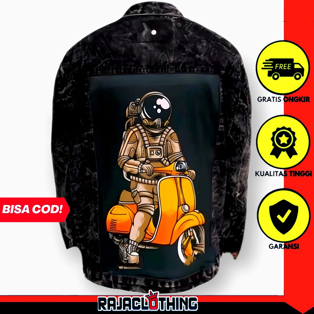 RCL - Jaket Jeans Printing Gambar Pespa Sanwash Hitam Motor Pespa