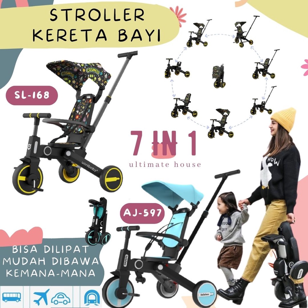 Troller Anak Bayi Kereta Dorong / Troller Anak Roda Lipat 3 Multifungsi 7in 1 / Sepeda Anak Stroller Folding