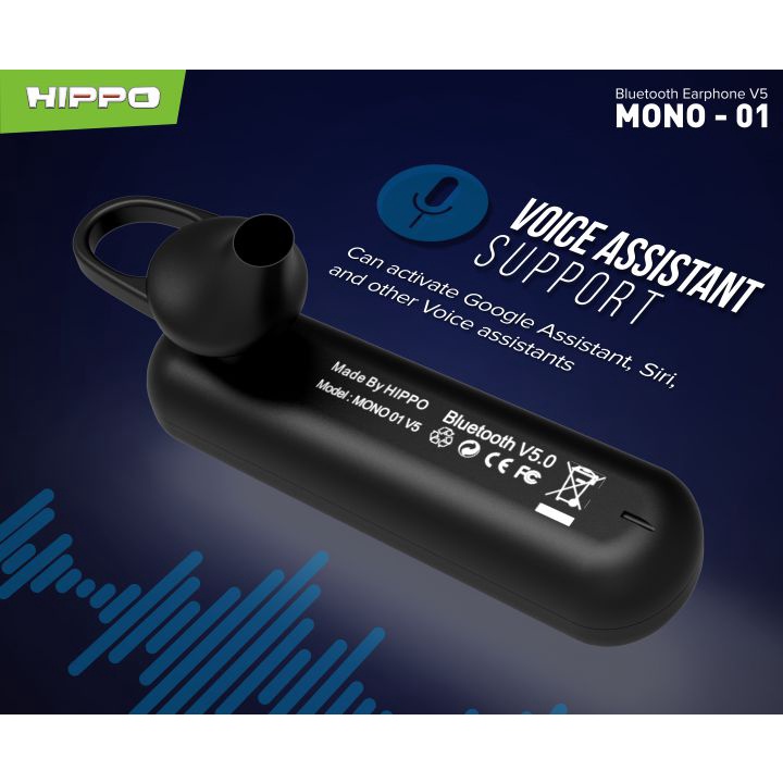 Hippo Bluetooth Mono 01 V5.0 HiFi Sound Volume Control With Mic Earbuds Earphone