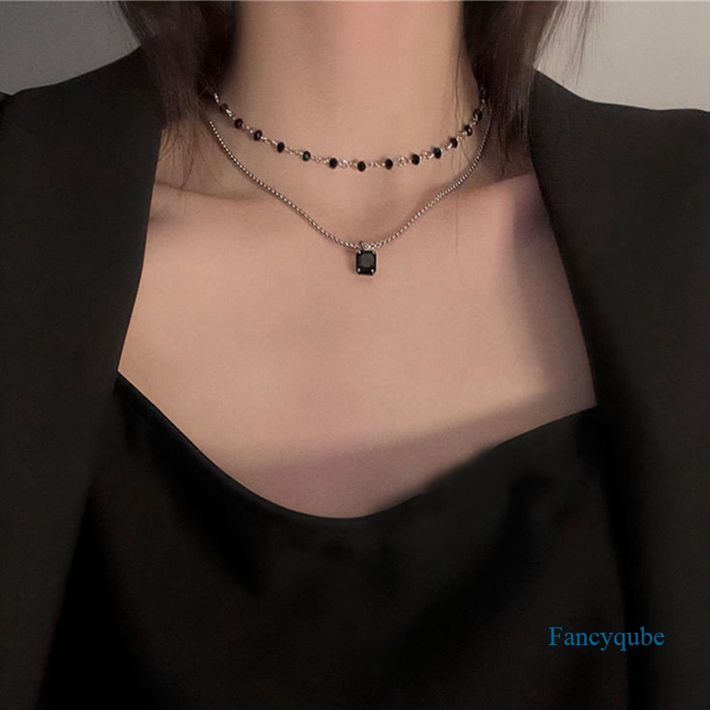 Fancyqube Kalung Choker Manik-Manik Geometris Lapisan Ganda Warna Silver Untuk Wanita