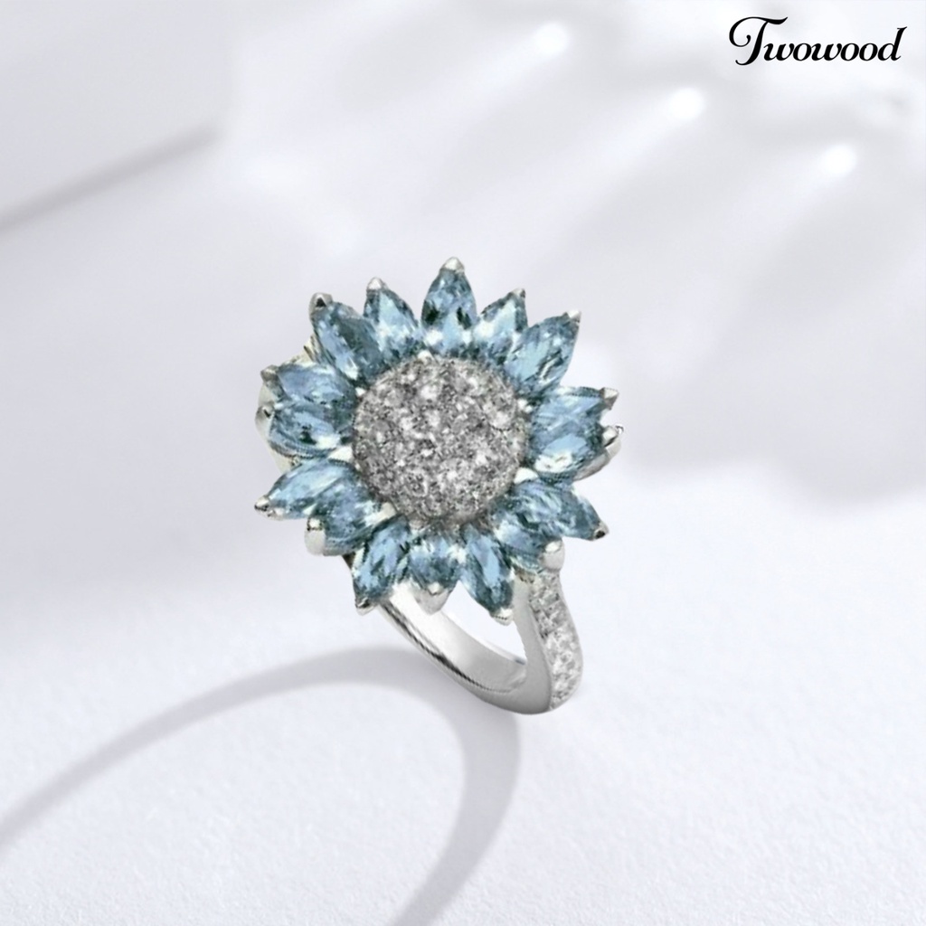 Cincin Wanita Bentuk Bunga Matahari Bahan Cubic Zirconia Warna Putih Aquamarine Untuk Pernikahan