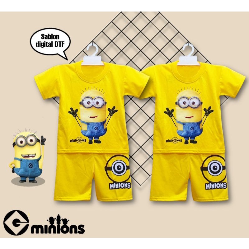 SETELAN ANAK MINIONS SABLON DTF USIA 1-10TAHUN DITAMBAH TOPI/SETELAN MINION AJA/TOPI MINION AJA