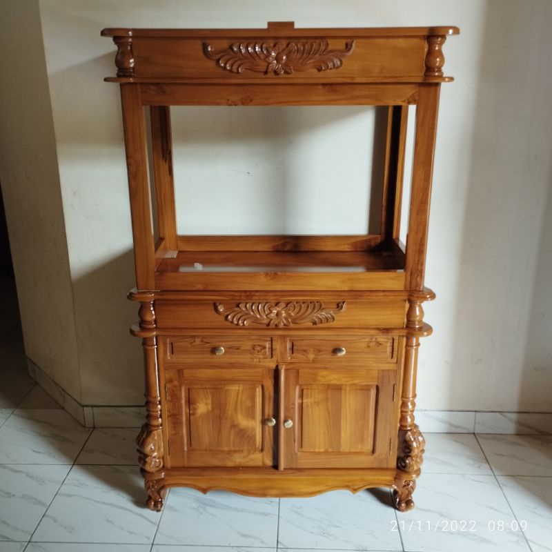 kabinet aquarium ukir kayu jati 95 cm