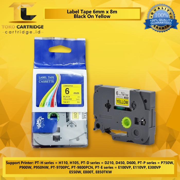 Compatible Label Tape TZE-611 6mm X 8m Black On Yellow PT D450 PT E300 PT P750W PT 9700PC PT E300