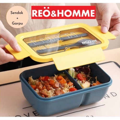 Reo&amp;Homme Kotak Makan Mini 2 Sekat dengan Sendok BPA Free 850 ML Lunchbox Set Microwave Safe OR-0227