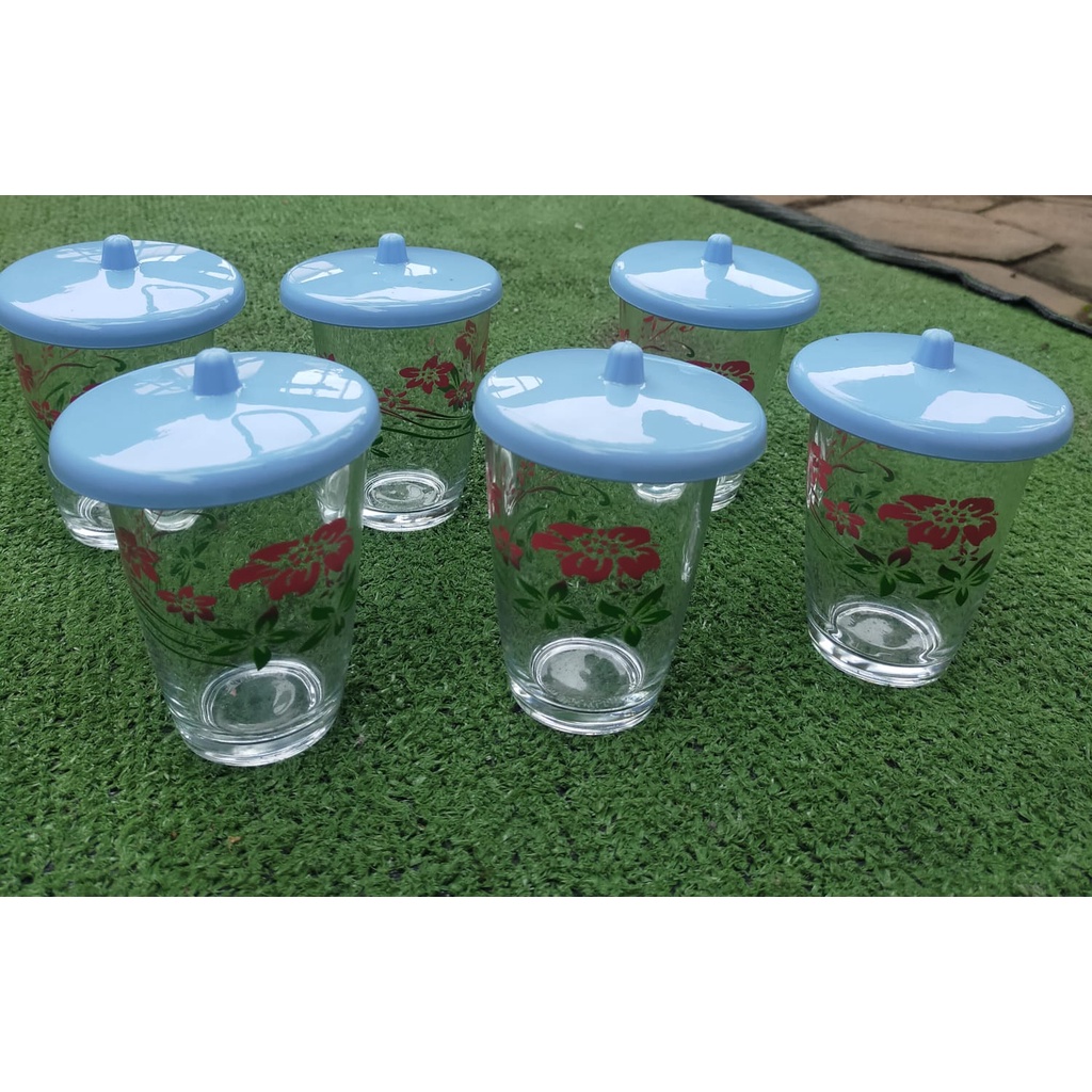 Gelas air minum motif kembang 6PCS free tutup gelas plastik