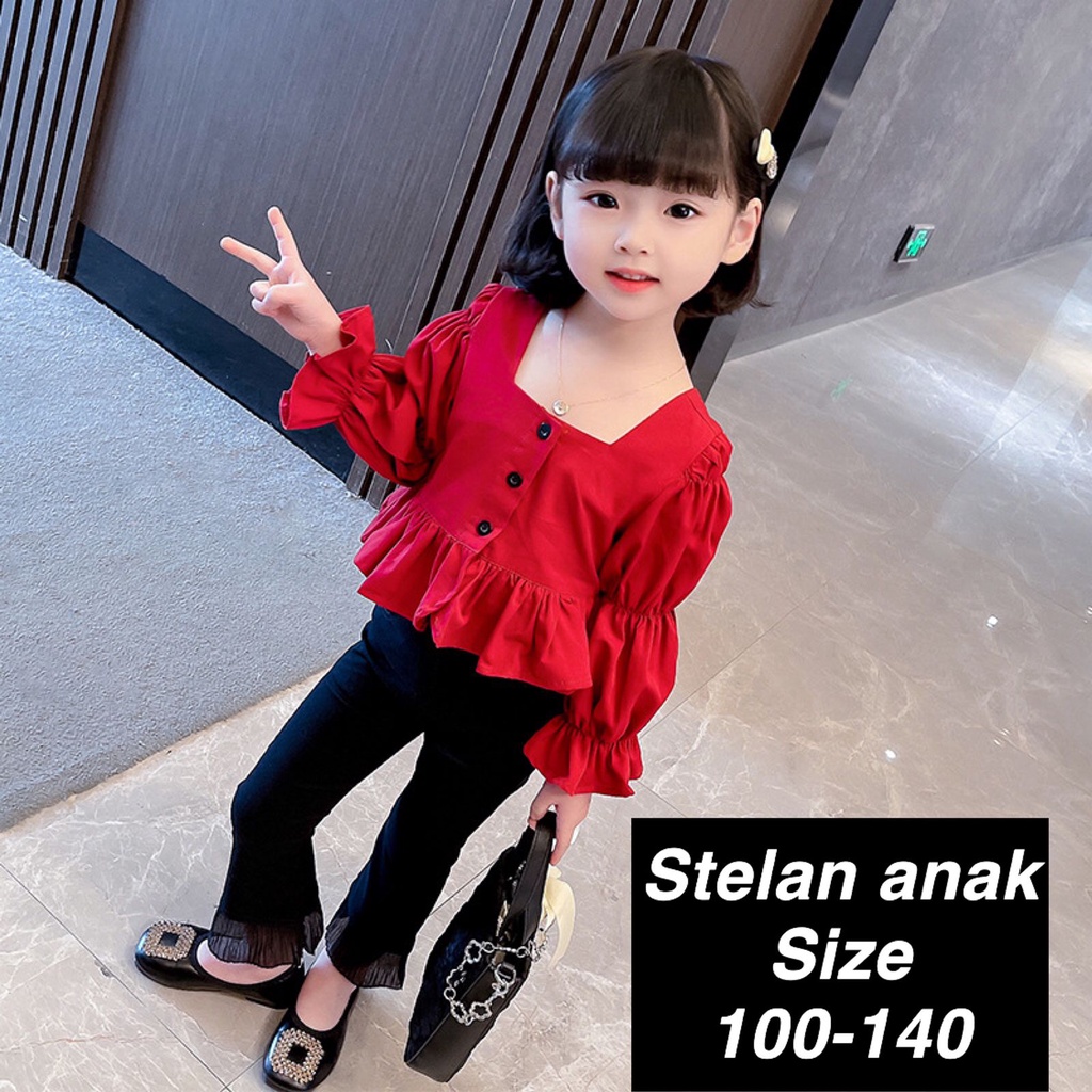 (LOLI-JKT) BS-341 SETELAN ANAK CEWEK MERAH MERONA SIZE 100-140