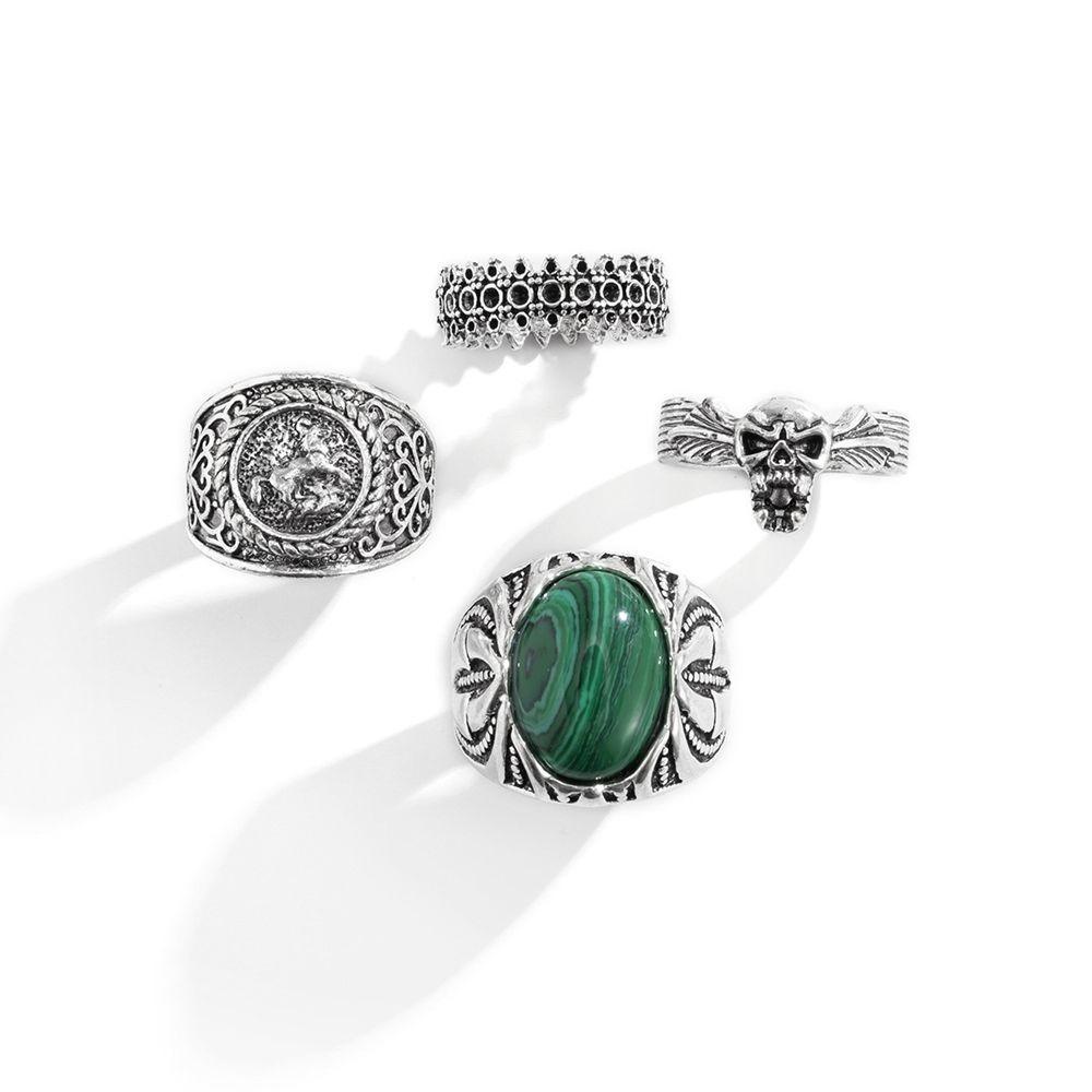 Solighter Pria Set Cincin Hip-hop Sederhana Laki-Laki Opal Gaya Punk Cincin Logam Pria Jari Cincin