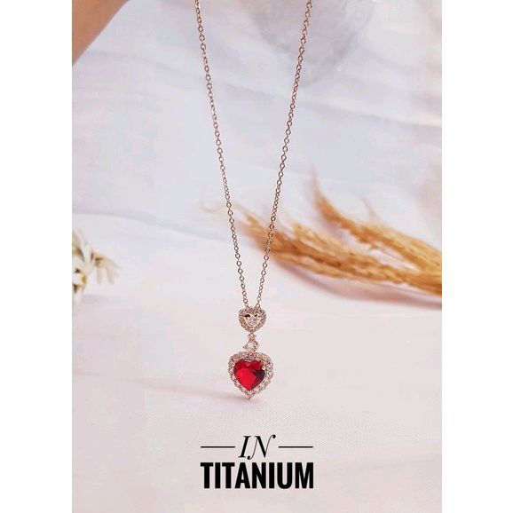 Kalung Titanium Love Batu Merah Semi Berlian Rosegold Mewah 1118b