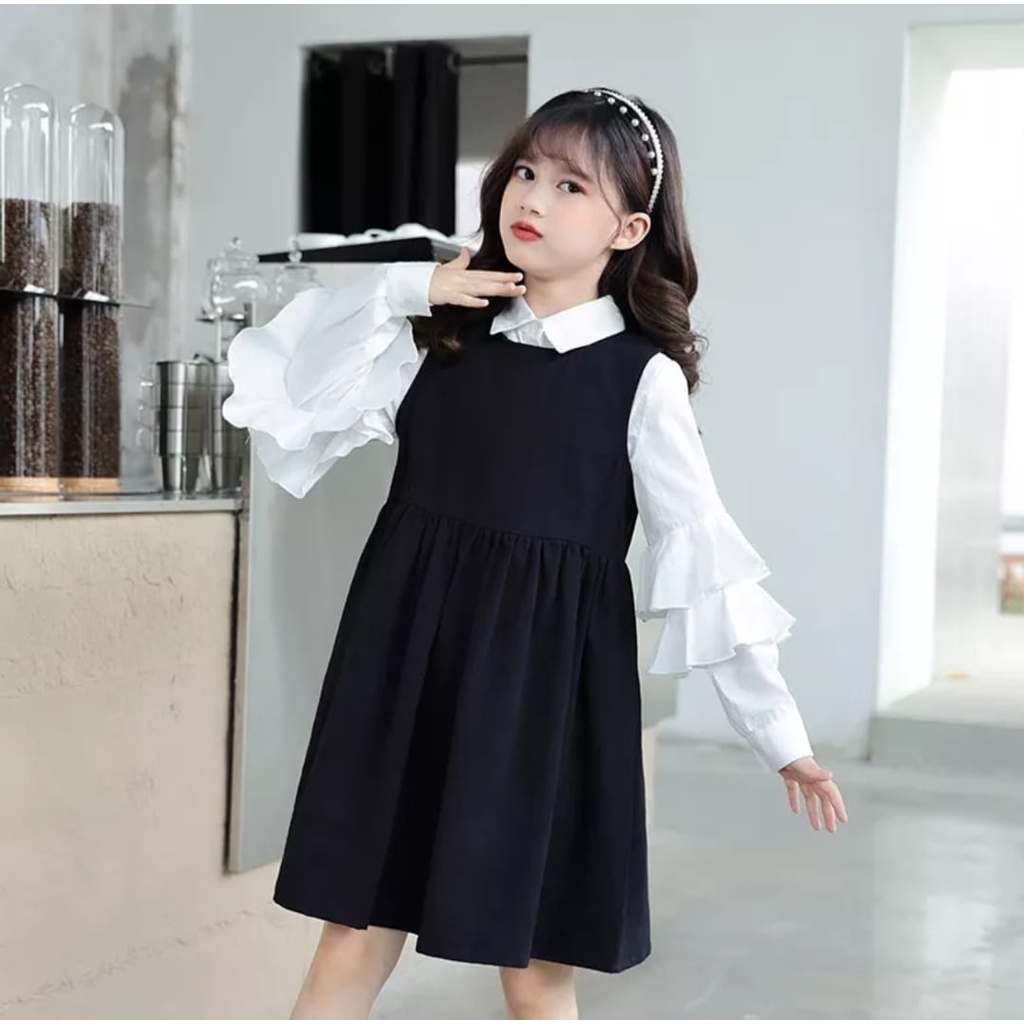 INV - DRESS KIDS  COMBI KEMEJA - 2IN1 /UMUR  5-8 TH/KOREA/ ST WIDY / BLACK WHITE / TERBARU / TERPOPULER