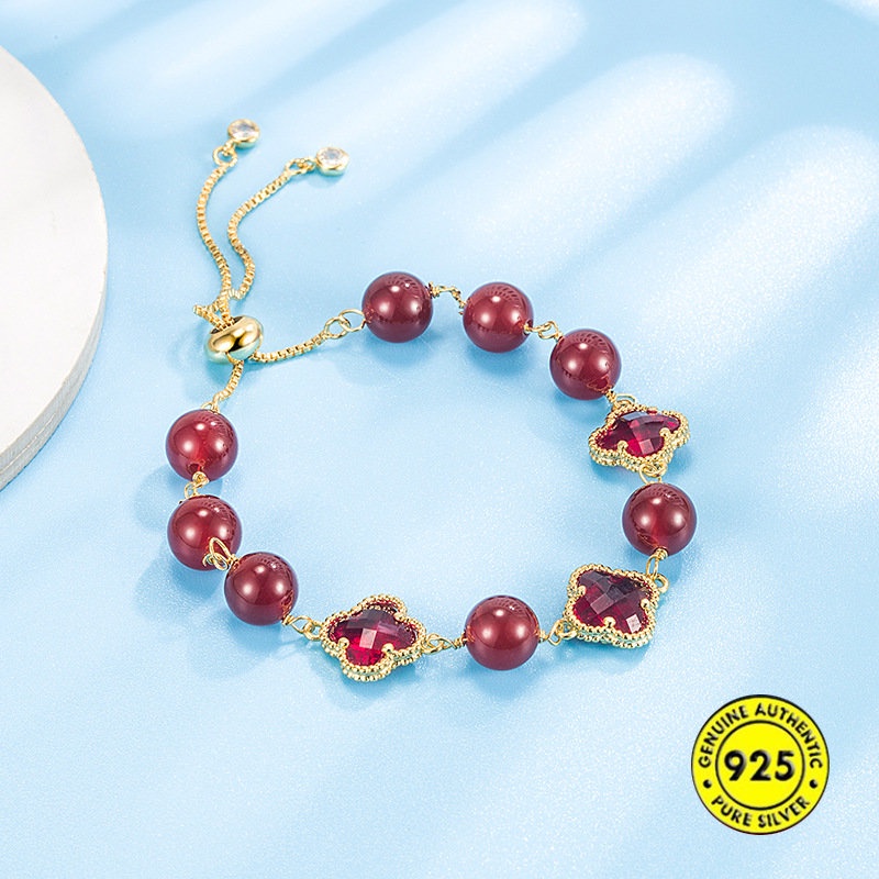Gelang Tangan Wanita Desain Daun Clover Hias Batu Agate Merah U1364