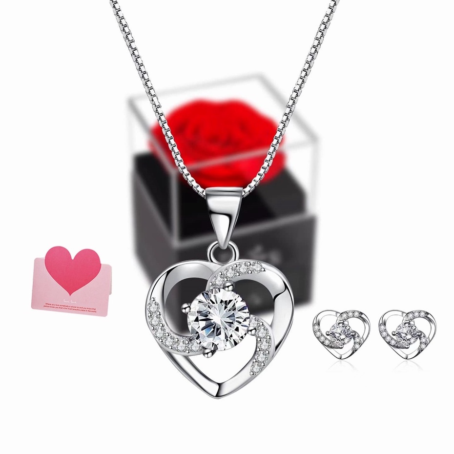 Preserved Red Rose Asli dengan Kalung Hati earrings 925 Sterling perak Kalung Bunga Hadiah Unik pada Ulang Tahun Hari Kasih Sayang, Hadiah Mawar Merah untuk Ibu Natal Diawetkan Mawar Asli Pengakuan Penuh Kasih Hadiah Ulang Tahun untuk Wanita Pacar