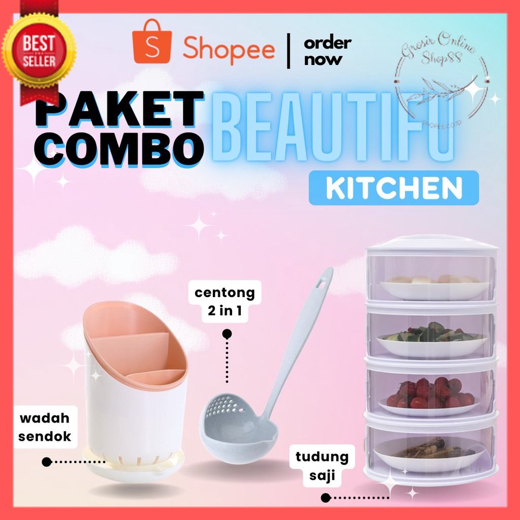 GOS - PAKET COMBO BEAUTIFUL KITCHEN/ Tudung saji Tempaat sendok FREE Centong 2in1