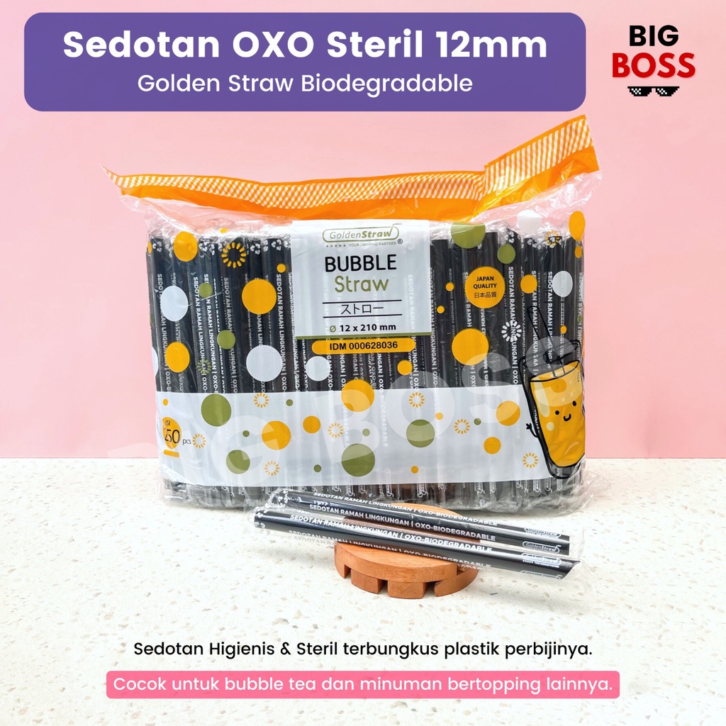 Sedotan Boba Plastik 12mm Hitam STERIL Higienis Golden Straw OXO Bungkus Plastik 250 Batang / Sedotan Bubble / Sedotan 12mm