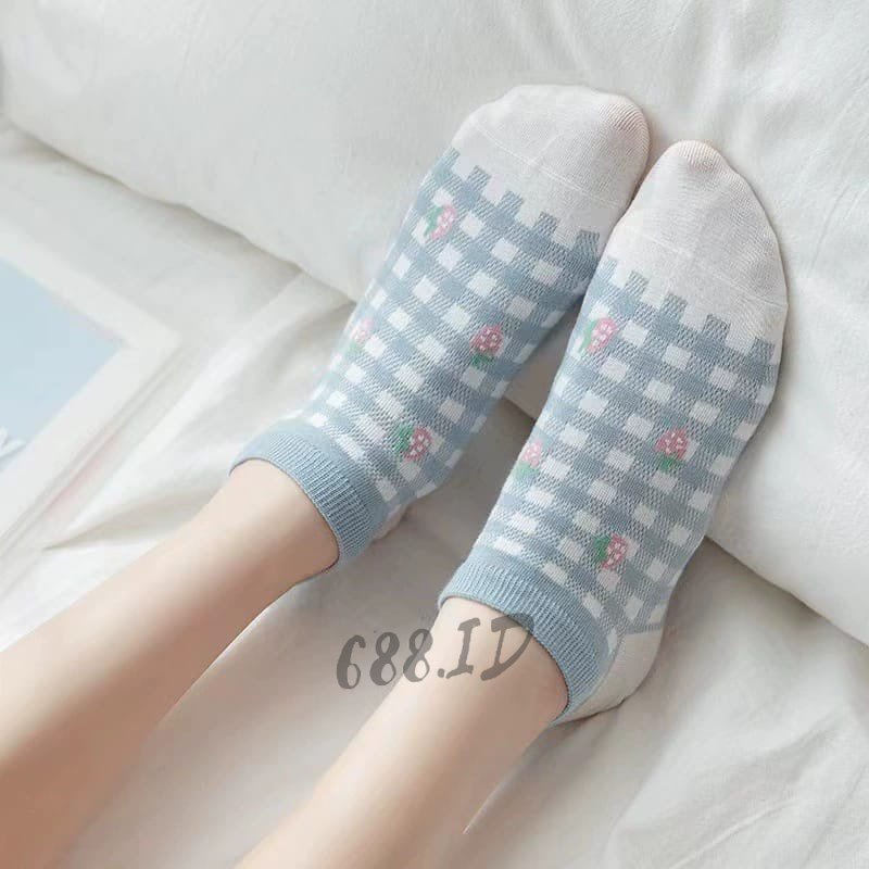 Kaos Kaki Wanita Motif Strawberry Bunga Lucu Kaus Kaki Pendek Semata Kaki Biru Gaya Korea Ankle Sock Impor KSK 02