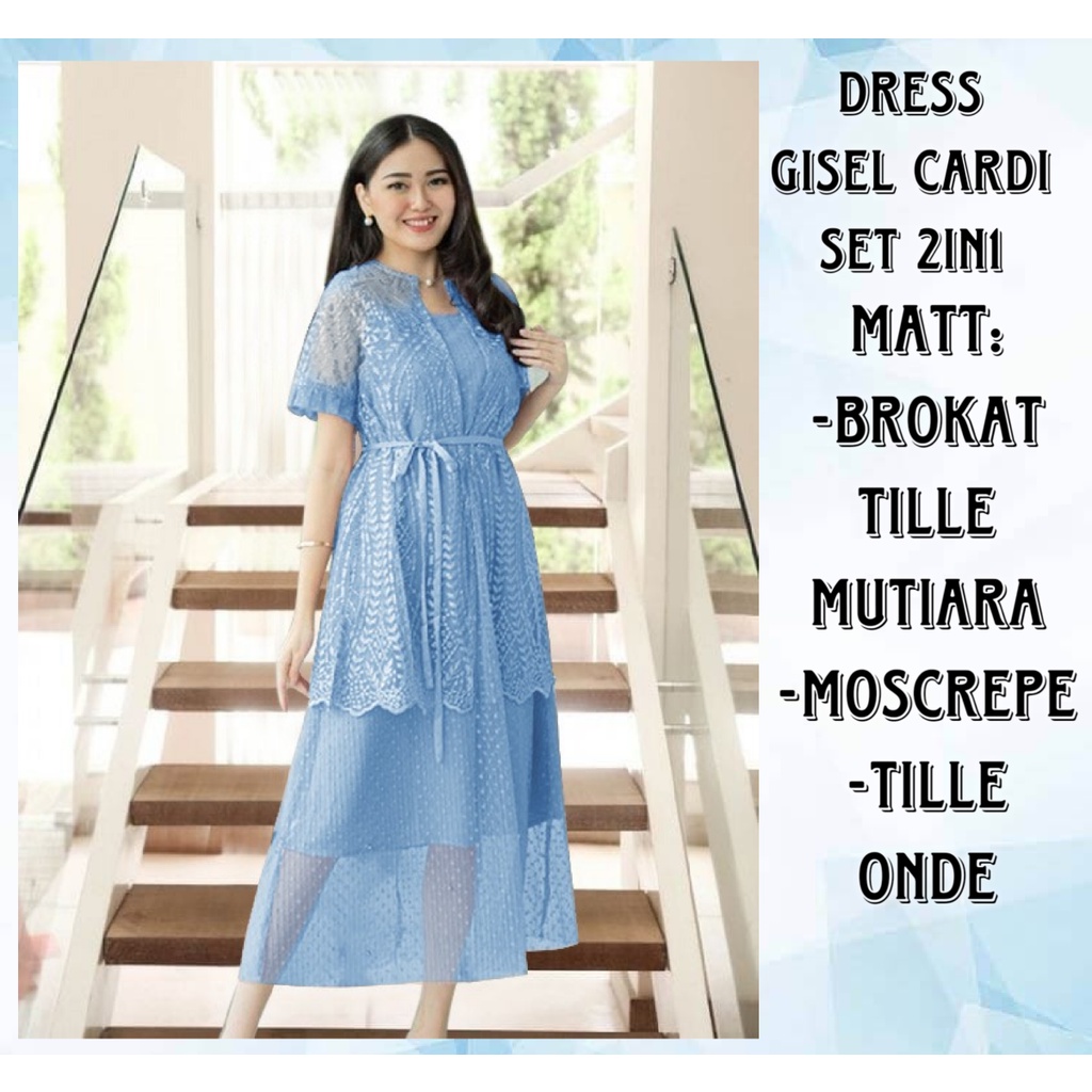 Dress Wanita Terbaru Casual Midi Brokat Tille Mutiara Terbaru/Dress Gisel Cardi Set 2in1 Size L dan XL Matt Tille Mutiara Mix Moscrepe/Dress Gricia Cardi 2in1/Good Quality