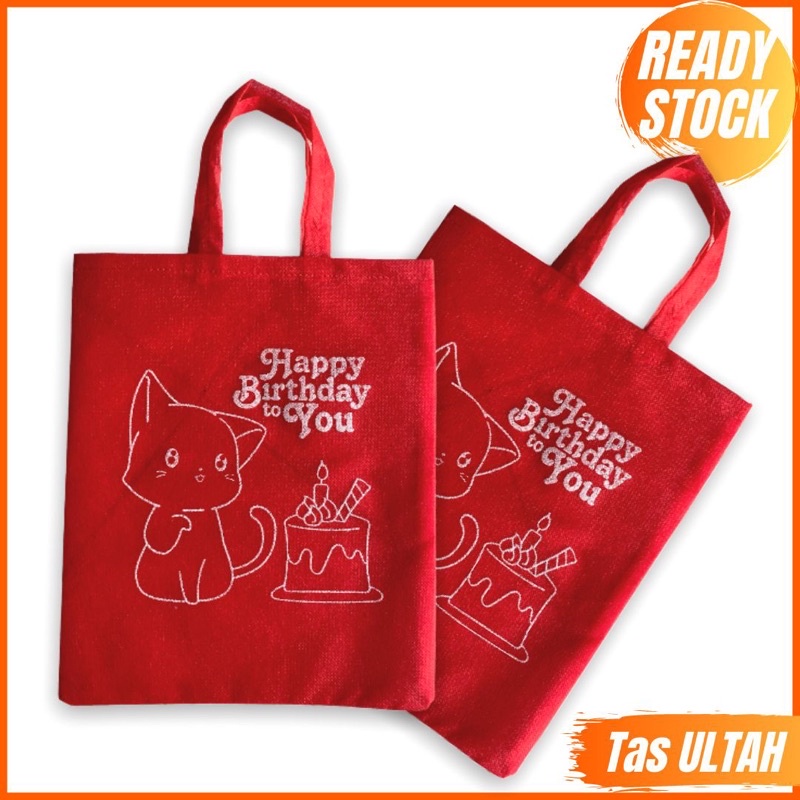 TAS ULTAH MURAH TAS SOUVENIR SNACK ULTAH TERLARIS MOTIF KUCING MERAH KEKINIAN READY SIAP KIRIM F 25x30