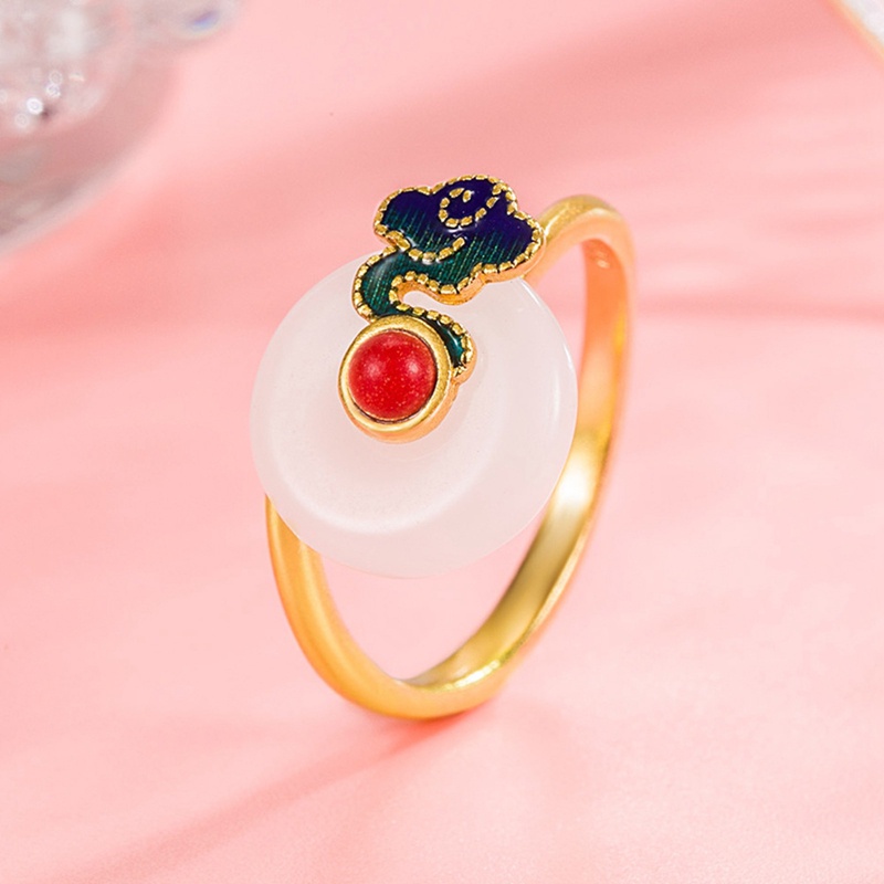 Fancyqube Cincin Giok Hetian Cloisonne Gaya Cina Kuno Untuk Aksesoris Perhiasan Wanita