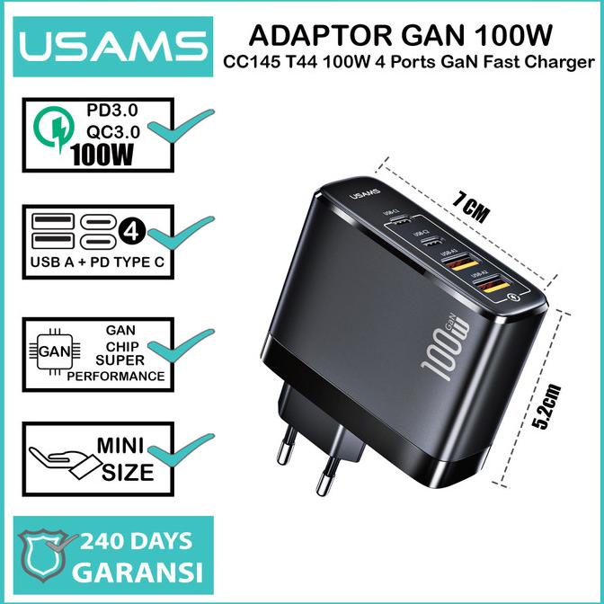 USAMS T44 Adaptor Kepala Charger GAN Fast Charging 100W 4 Ports QC4.0