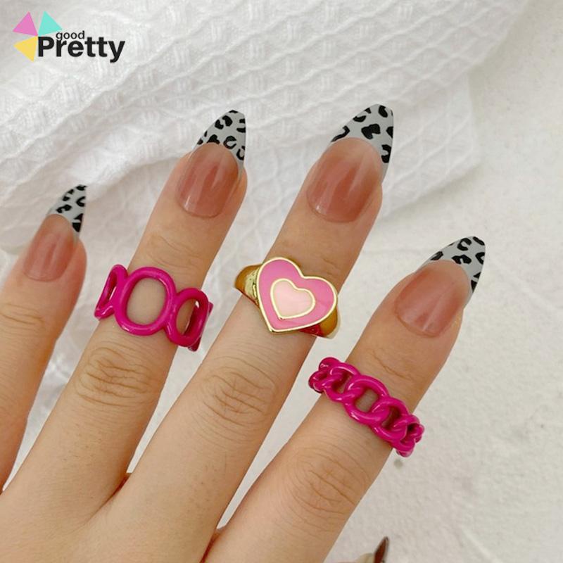 3PCS Heart Geometry Rings Cincin Geometri Jantung Cincin Mode Menetes Minyak yang Dapat Disesuaikan untuk Aksesoris Perhiasan Wanita - PD - PD