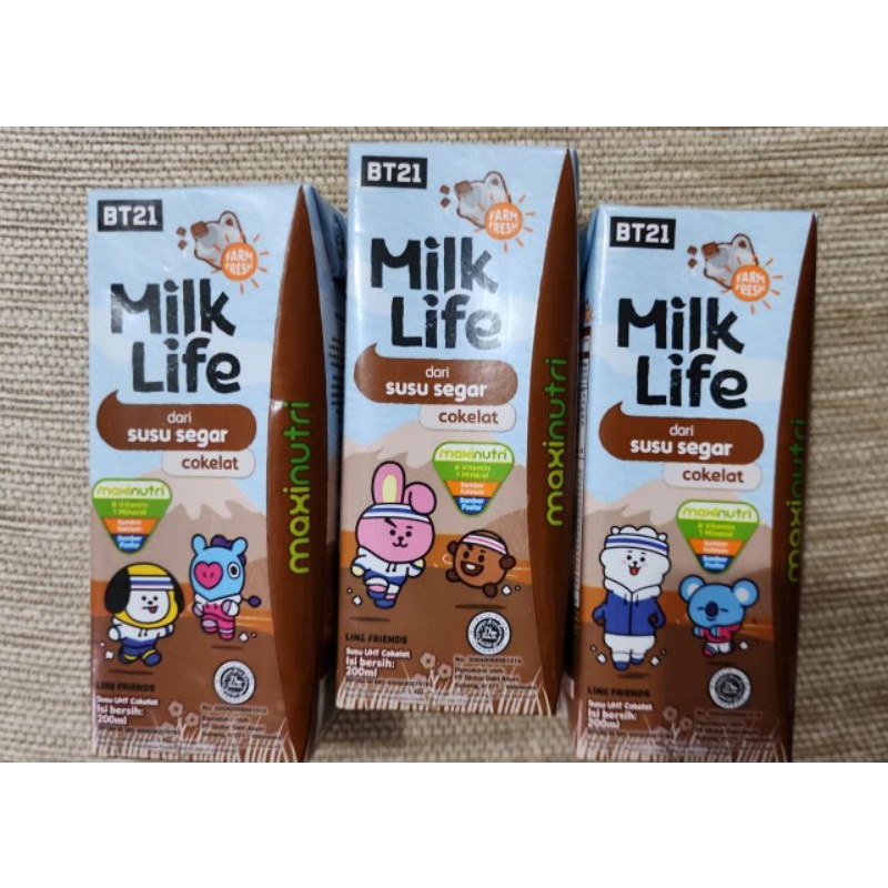 Milk Life Coklat , Creamy Vanilla dan Strawberry milkshake BT21 200ml & 125ml & 1000ml ( 1lt )