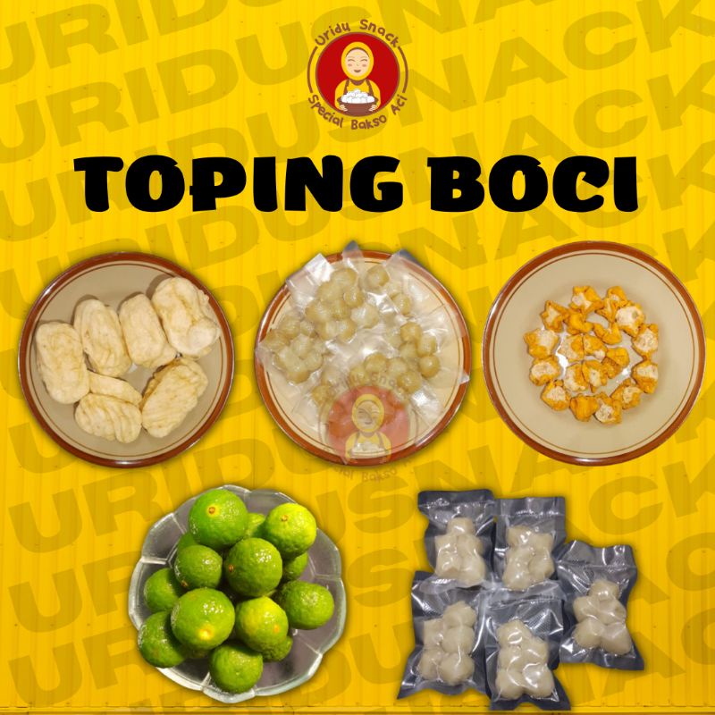 

Topping tambahan pelengkap baso aci, pilus, siomay kering, baso aci, bubuk cabe