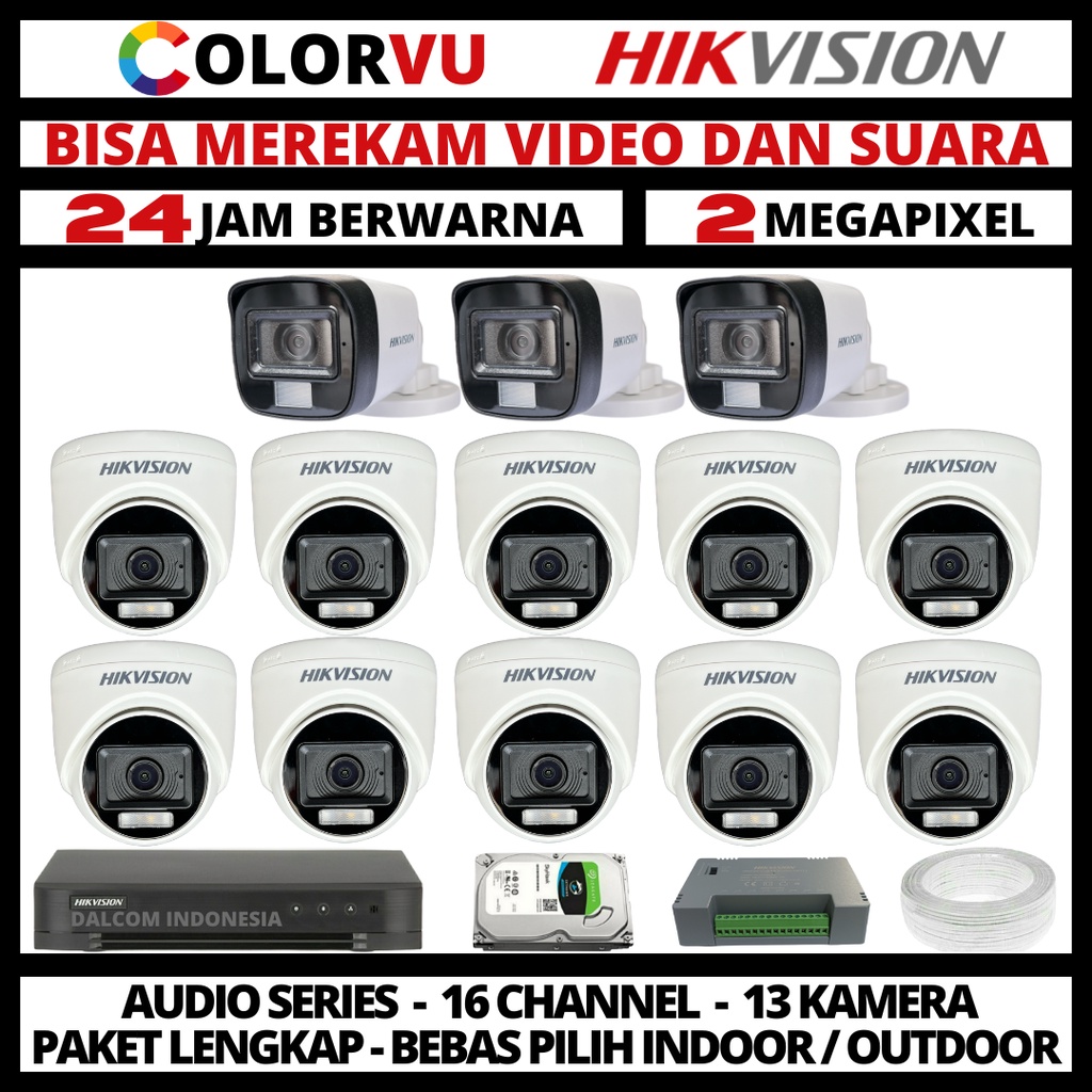 PAKET CCTV HIKVISION COLORVU 2MP 16 CHANNEL 13 KAMERA COLORFUL