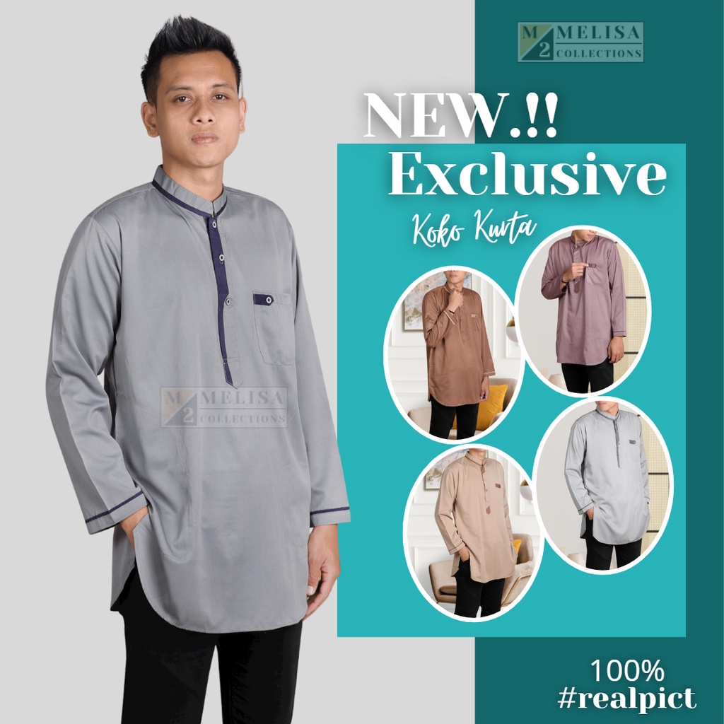 Baju Koko Pria Kurta Lengan Panjang Bahan Katun Tesla Warna Abu Abu Muda Baju Muslim Pria