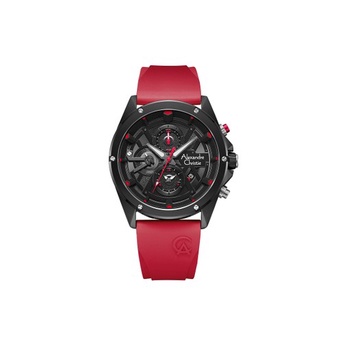 Jam Tangan Pria Alexandre Christie Chronograph AC 6620 MC RIPBARE Men Black Dial Red Rubber Strap