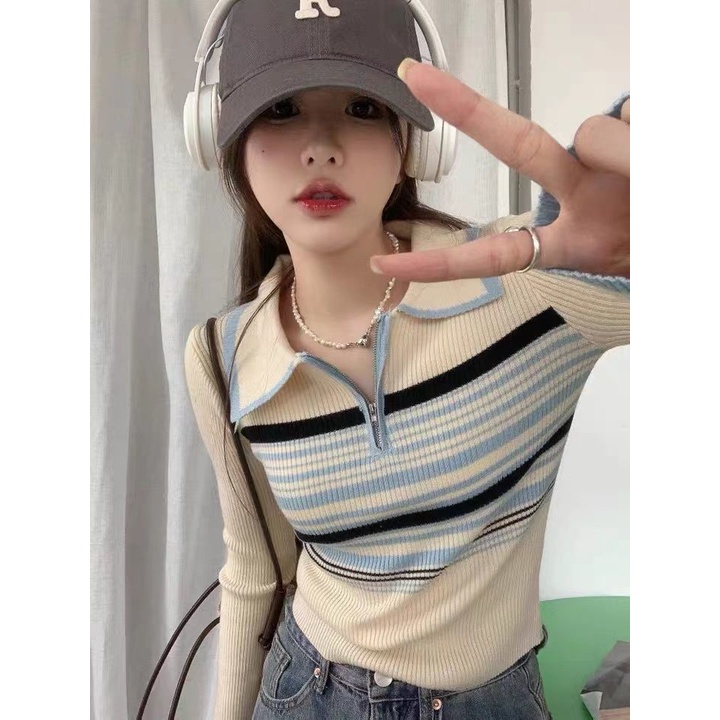Red Korea Bergaris Polo Kerah Rajutan Sweater Wanita Musim Gugur Tipis Lengan Panjang Kemeja Bottoming Gaya Asing Pendek Niche Top Pakaian Dalam