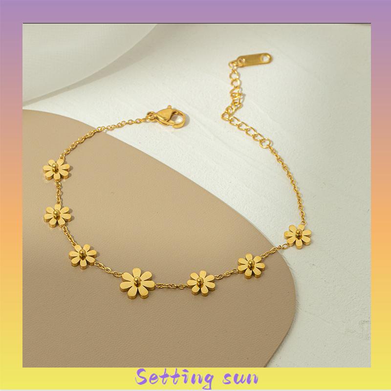 Gelang Kaki Titanium Anti Karat Daisy Bunga Kamelia Emas 18k Perhiasan Wanita Korea TN