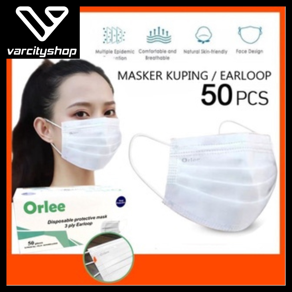 Masker 3 Ply Putih White Orlee Medis 3ply Earloop Kemenkes 3ply Isi 50