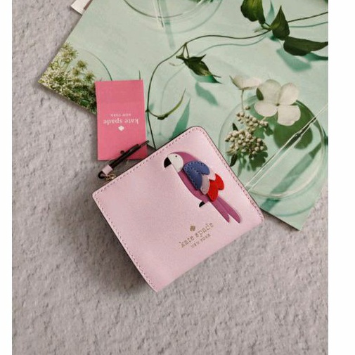 Dompet Kecil Wanita Original Kate Spade L Zip Small Bifold Flock Party Pink Wallet
