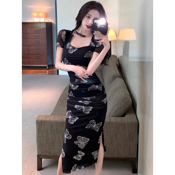 DB4-24 Gaun bodycon motif kupu kupu lengan pendek leher kotak / korean bodycon vintage dress elegant / midi dress square neck