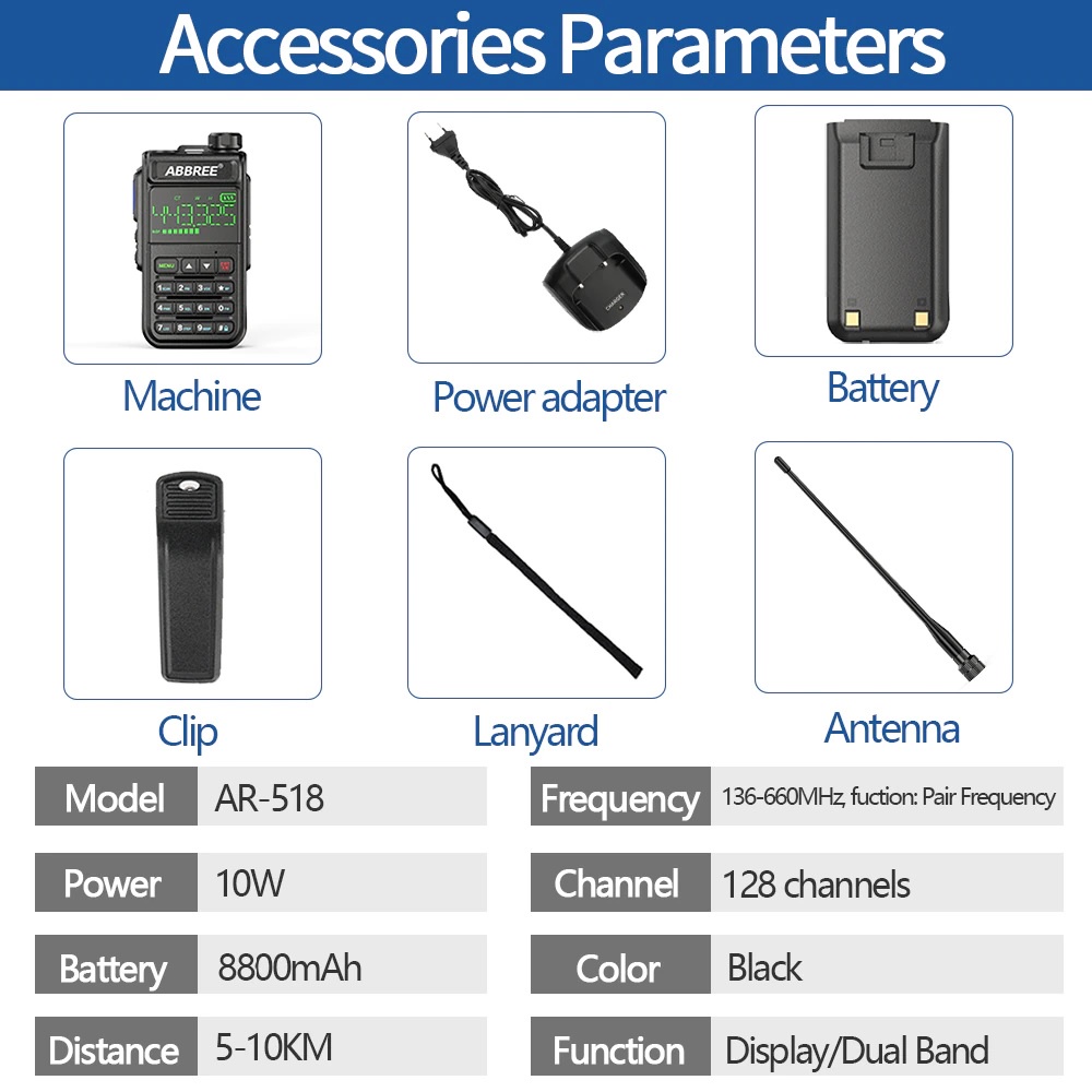 ABBREE AR-518 - Walkie Talkie 10W Power Air Band 108-660MHz Frequency - Radio Panggil Terbaru dengan Fitur Terbaru dari ABBREE