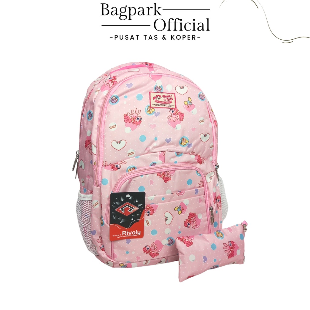 Tas Ransel Sekolah  Perempuan Rivoly Tas Anak Perempuan Motif Kuda Pony Free Rain Cover Dompet Mini Terbaru