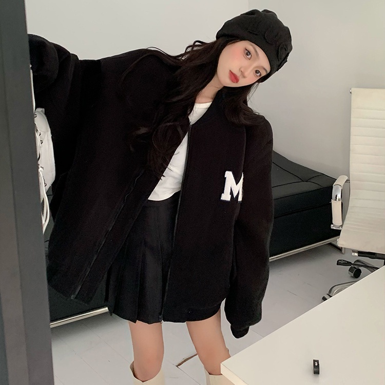 Red American letter bordir bisbol seragam kardigan sweater wanita musim gugur dan musim dingin plus beludru menebal kuliah gaya longgar ceruk atas tren