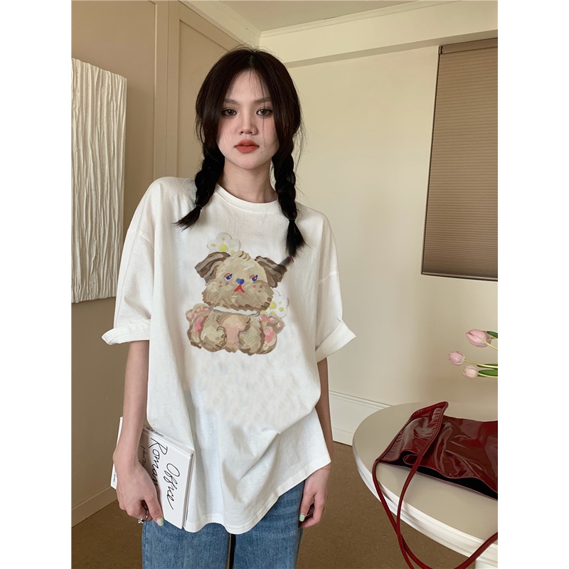 EUNII T-shirt Lengan Pendek Cartoon Oil Painting Dog Korean Style/Kaos Atasan Wanita/Baju Kaus Oversize Wanita