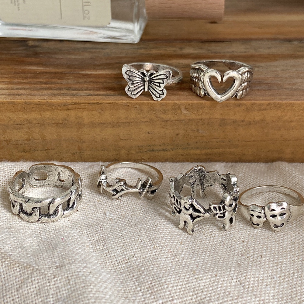 Set Cincin Model Butterfly Angel Hati Terbuka Warna Silver Gaya Vintage Untuk Pria Dan Wanita