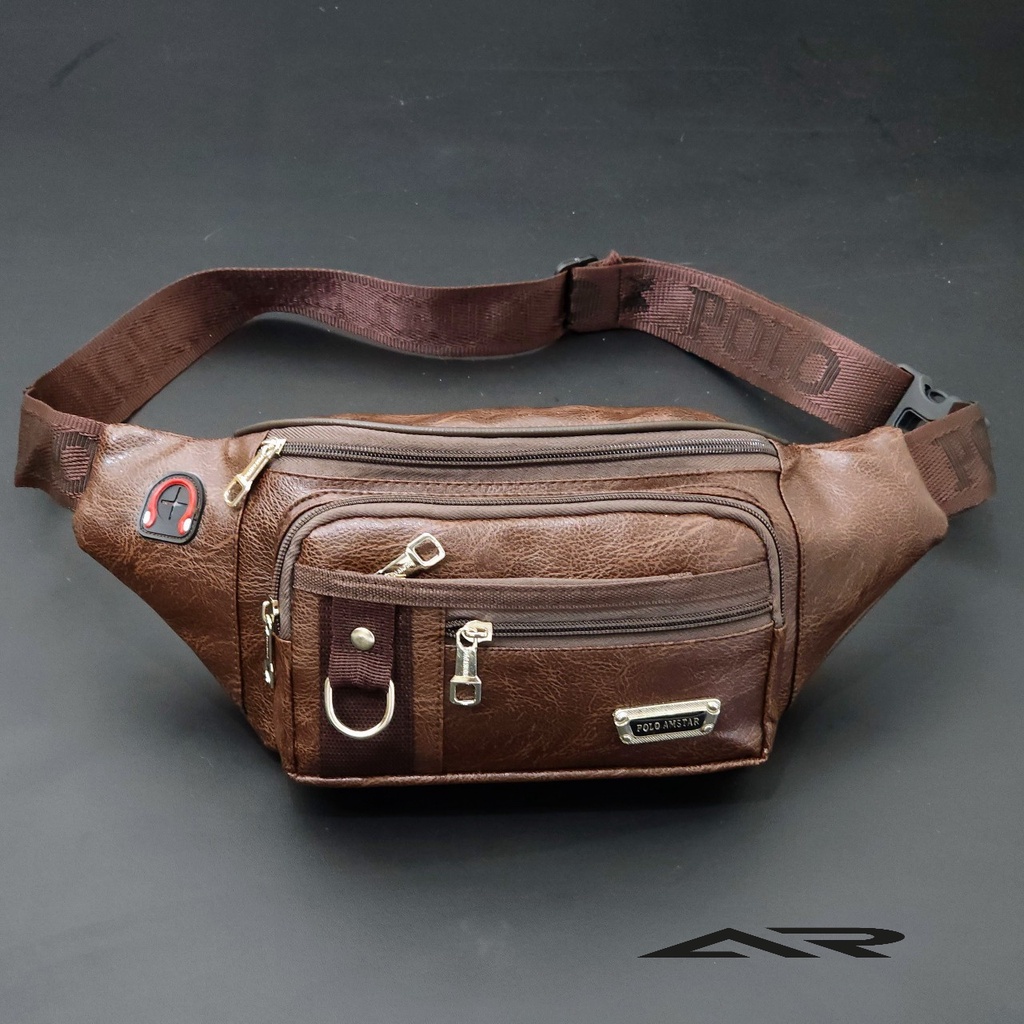 Tas Selempang Pria Multi Fungsi Waistbag Original POLO AMSTAR Model Terbaru-Coklat Tua Kulit