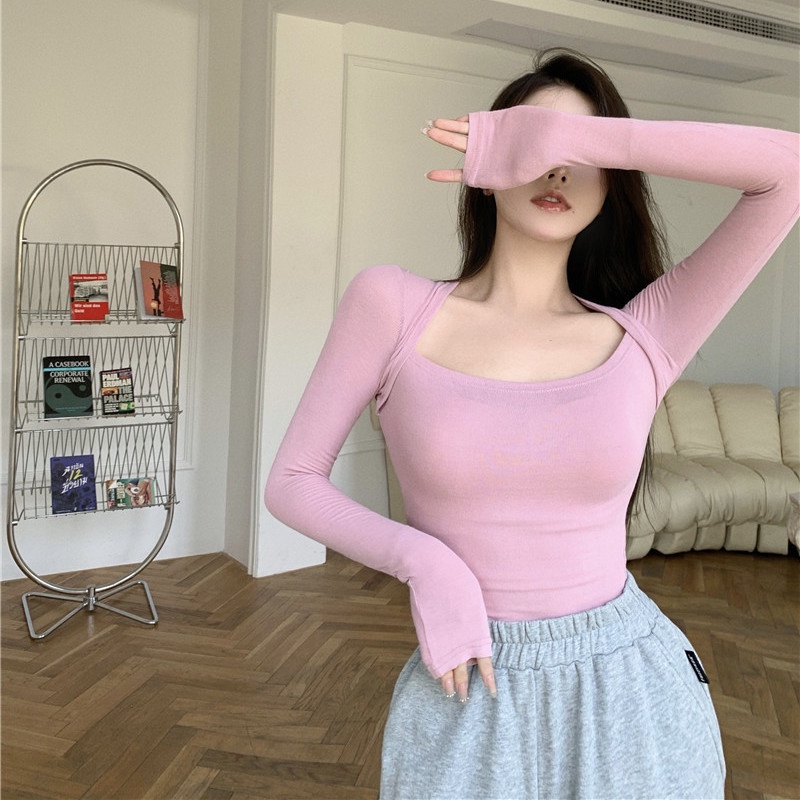 Red T-shirt lengan panjang wanita musim semi baru ketat bottoming kemeja ins hot girl square collar palsu dua hot girl tops trendi