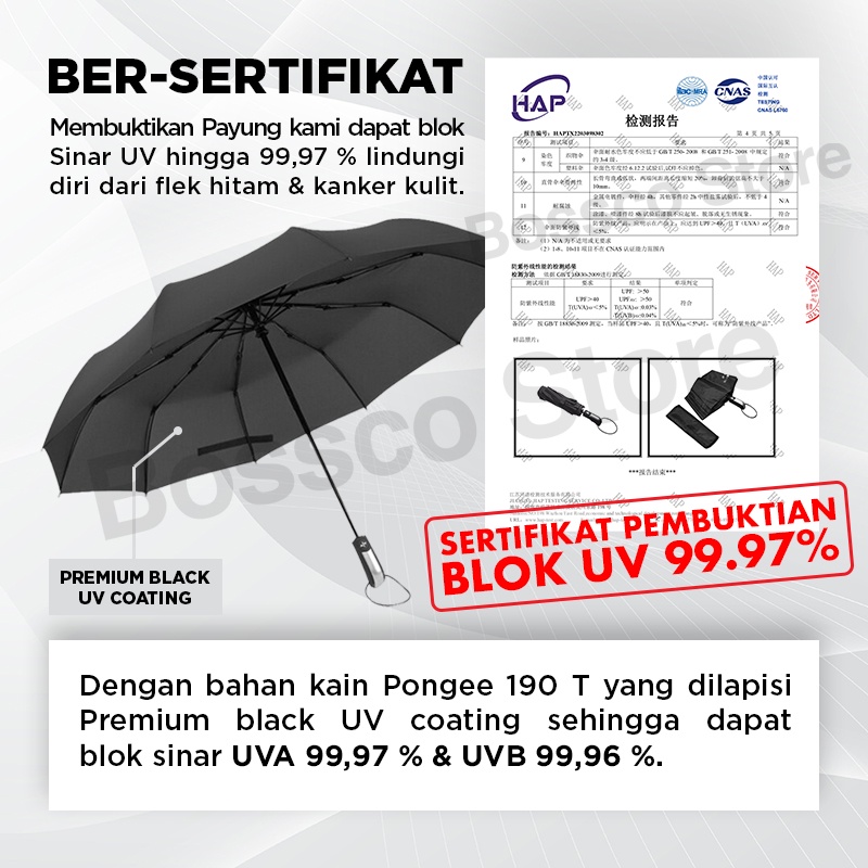 Bossco Payung Lipat Otomatis Buka Tutup Anti UV 99.97% BerSertifikat Payung Lipat Besar premium UV Protection UV blok Uv block Payung mobil Payung lipat premium anti sinar uv payung kuat tahan lama payung lipat jumbo payung lipat polos hitam payung murah