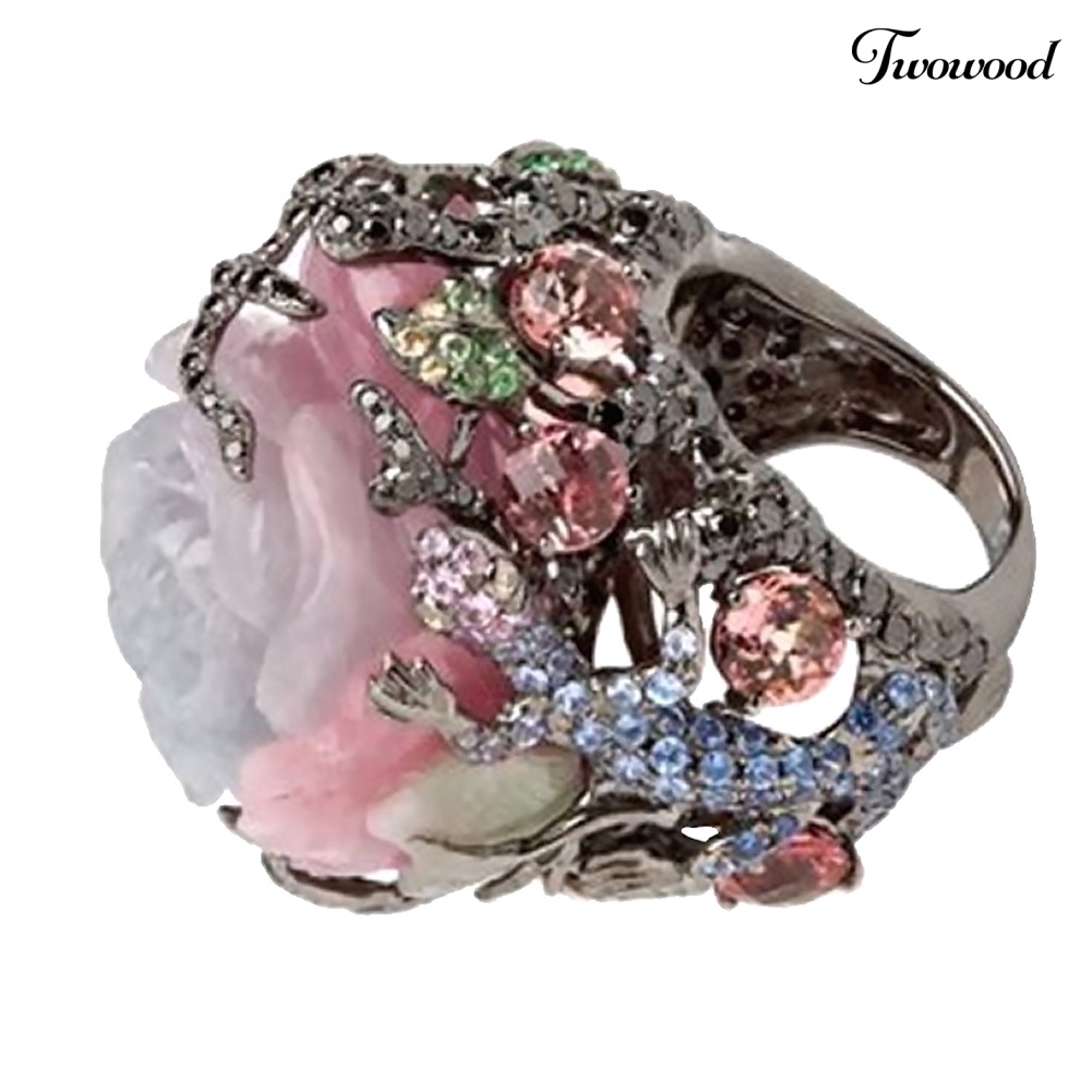 Cincin Motif Bunga Peony Lizard Aksen Berlian Imitasi Untuk Wanita